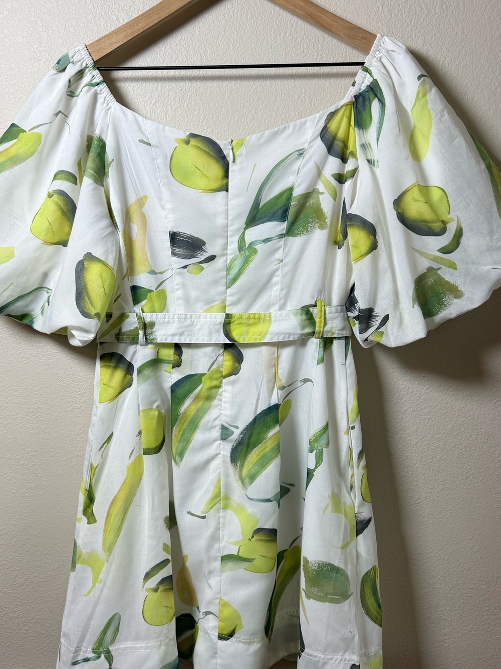 Beulah Style Alyssa Zest White Puff Sleeve Mini Dress Green & Yellow Leaf Cotton - Picture 9 of 15